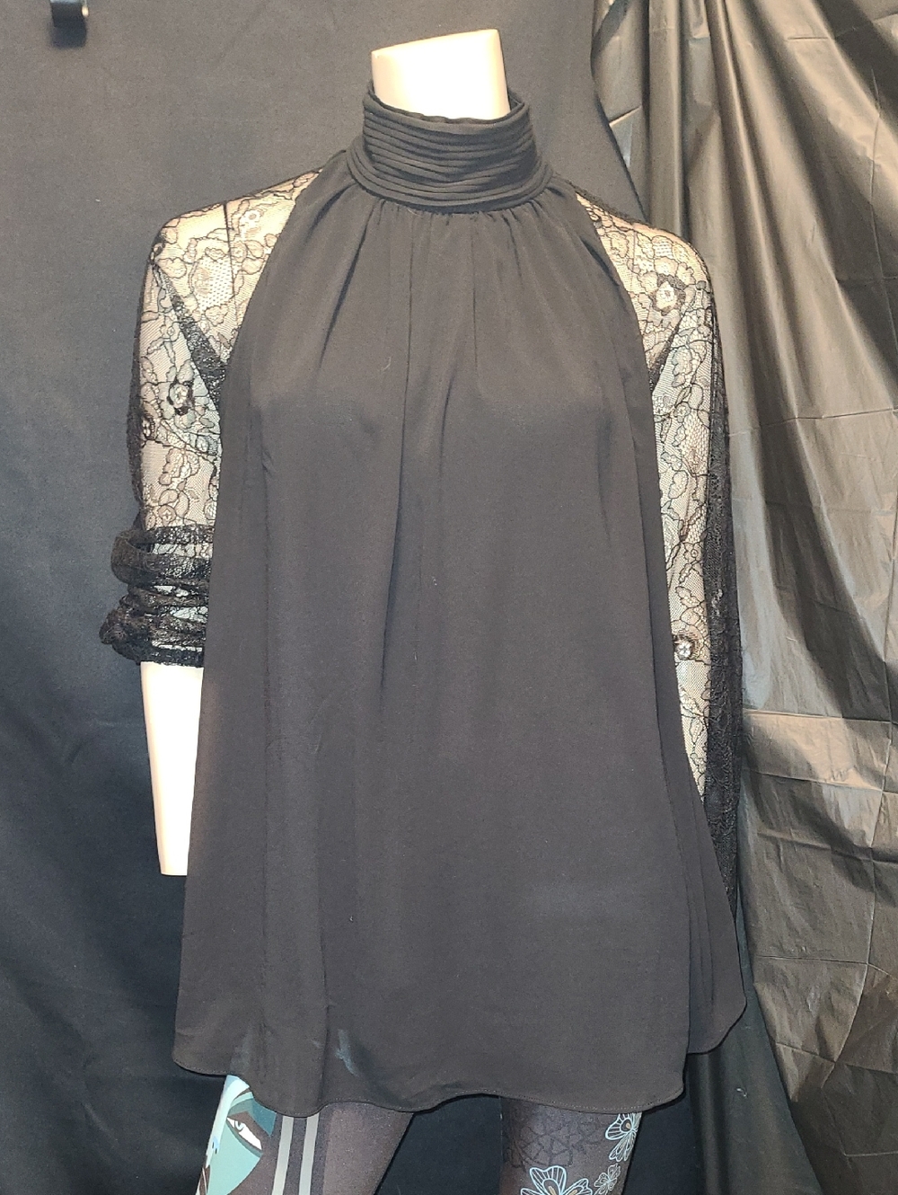JOSEPH A Black Lace Sleeve High Neck Tunic SIZE LARGE